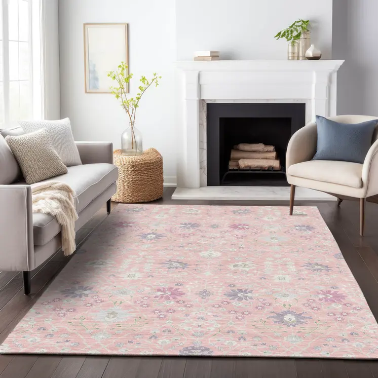 10' X 14' Pink Purple And Gray Oriental Washable Indoor Outdoor Area Rug