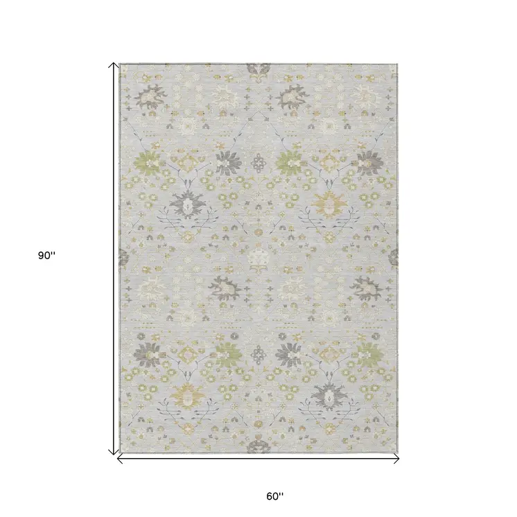 5' X 8' Silver Gray And Gold Oriental Washable Indoor Outdoor Area Rug