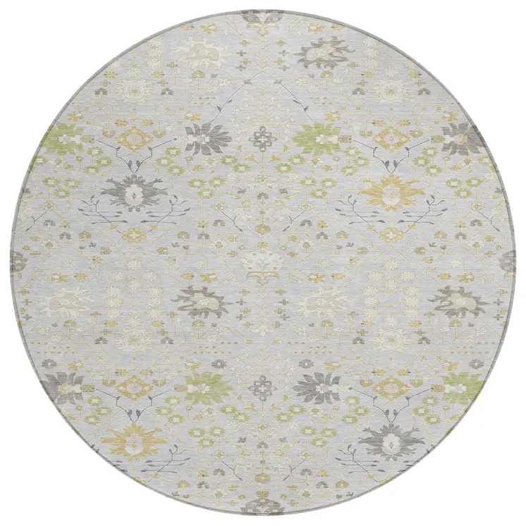 8' Silver Gray And Gold Round Oriental Washable Indoor Outdoor Area Rug