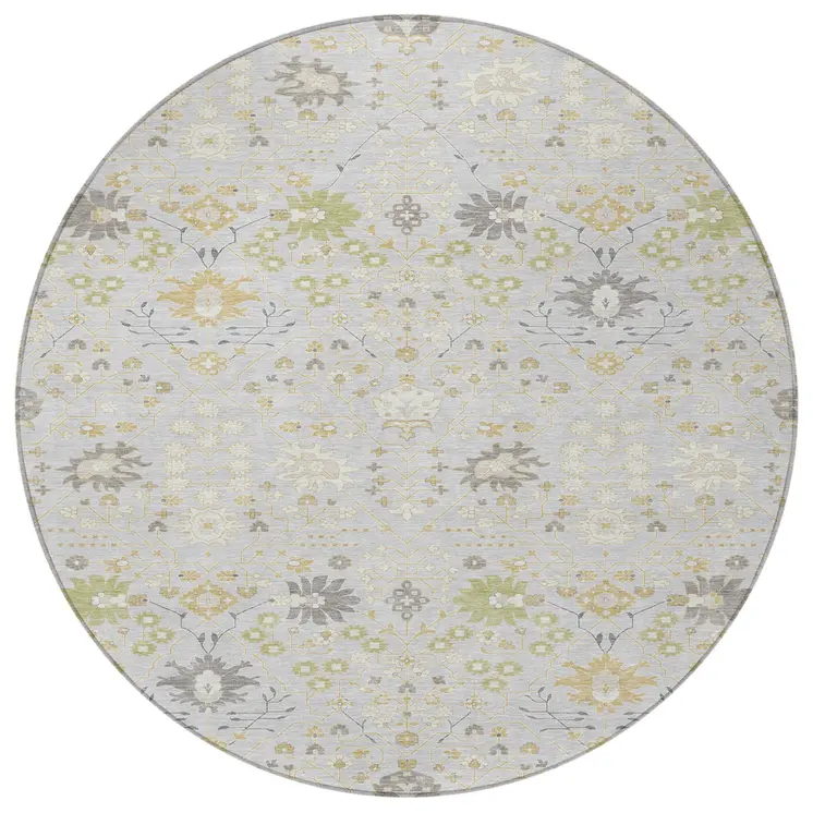 8' Silver Gray And Gold Round Oriental Washable Indoor Outdoor Area Rug