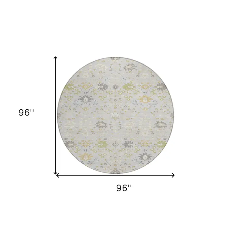 8' Silver Gray And Gold Round Oriental Washable Indoor Outdoor Area Rug
