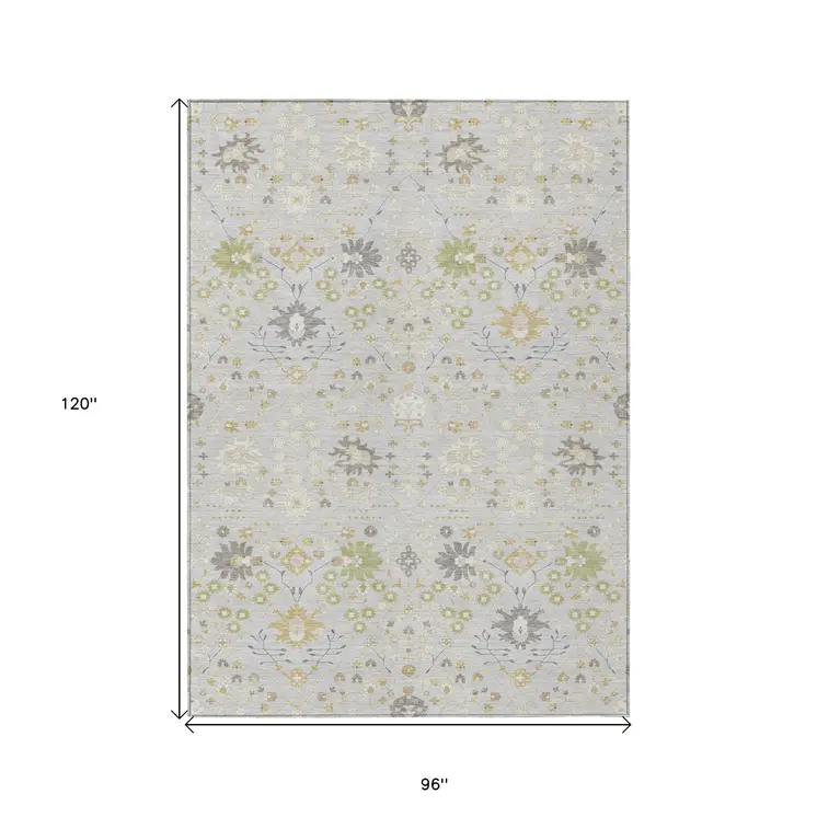 8' X 10' Silver Gray And Gold Oriental Washable Indoor Outdoor Area Rug