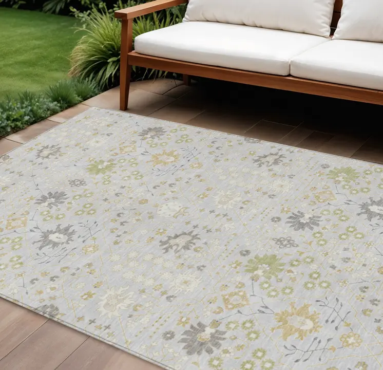 8' X 10' Silver Gray And Gold Oriental Washable Indoor Outdoor Area Rug