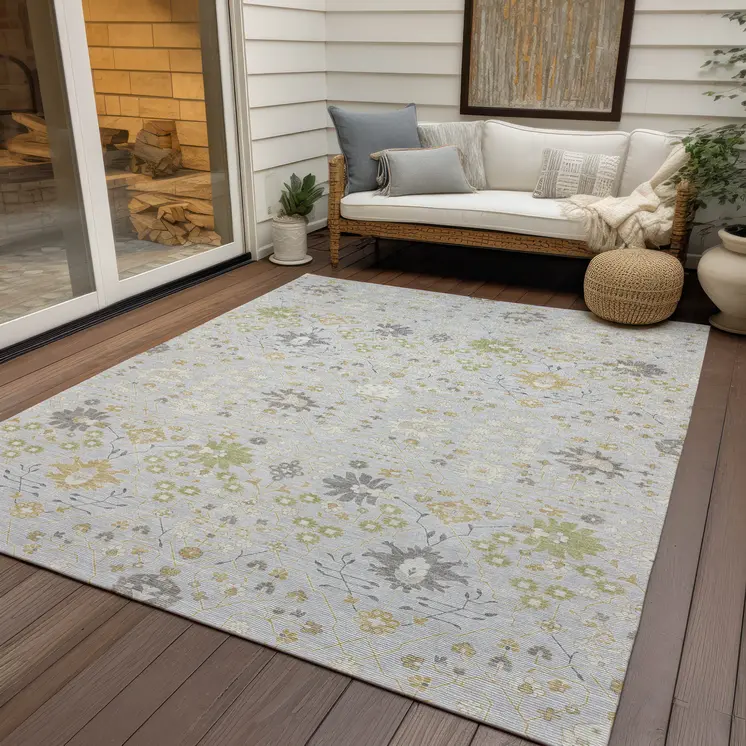 8' X 10' Silver Gray And Gold Oriental Washable Indoor Outdoor Area Rug