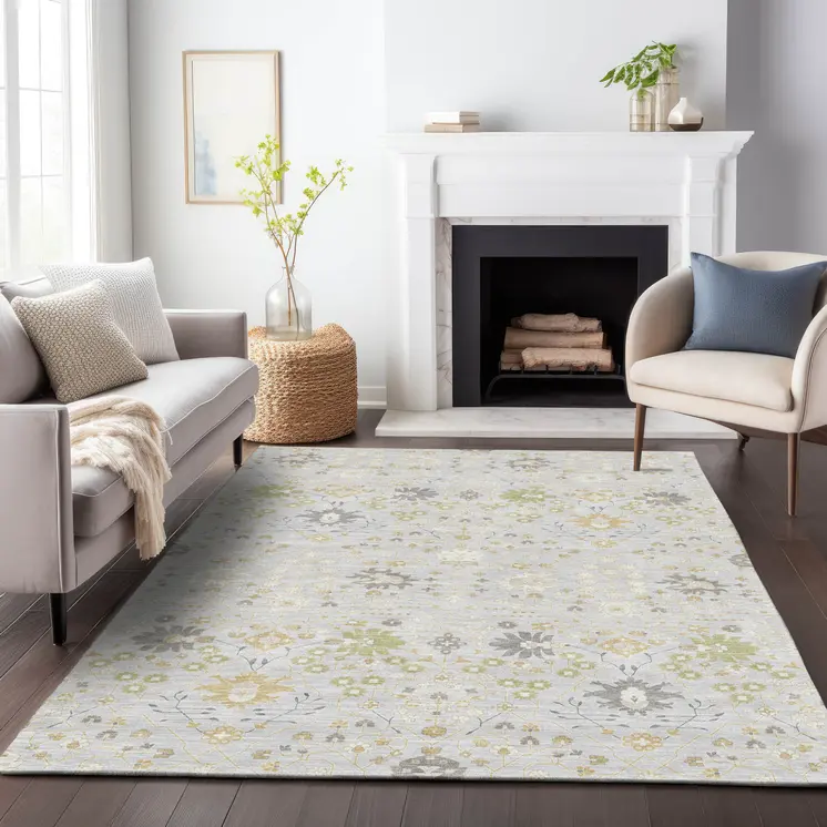 8' X 10' Silver Gray And Gold Oriental Washable Indoor Outdoor Area Rug