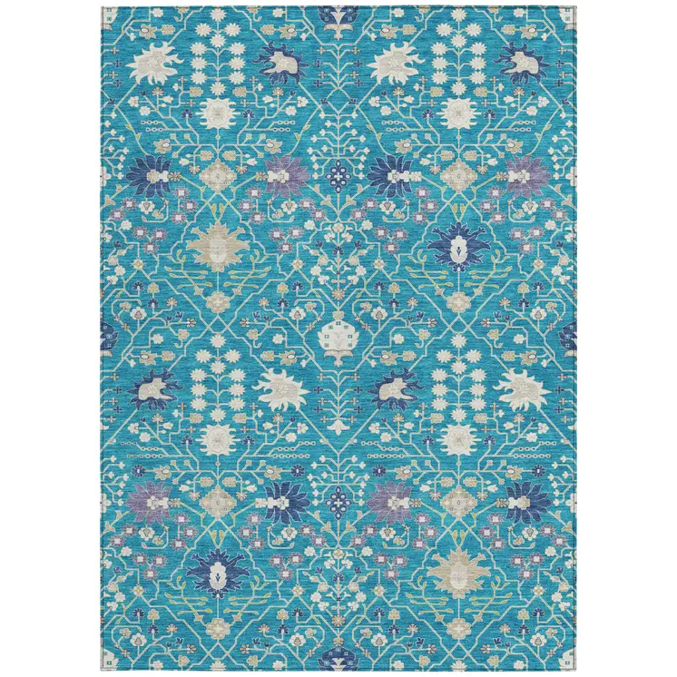 3' X 5' Teal Blue Purple And Ivory Oriental Washable Indoor Outdoor Area Rug