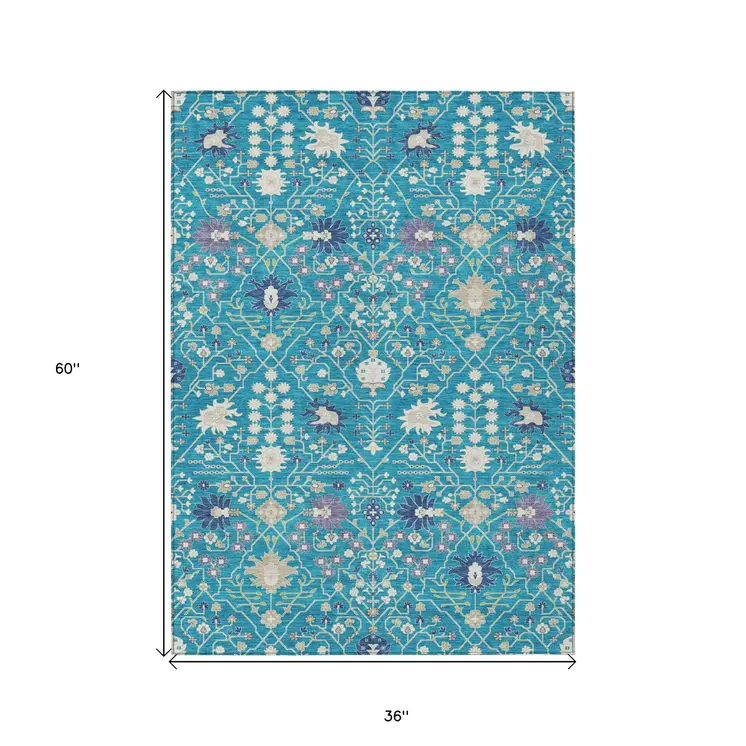 3' X 5' Teal Blue Purple And Ivory Oriental Washable Indoor Outdoor Area Rug