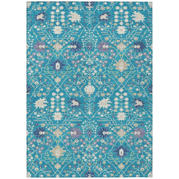 5' X 8' Teal Blue Purple And Ivory Oriental Washable Indoor Outdoor Area Rug