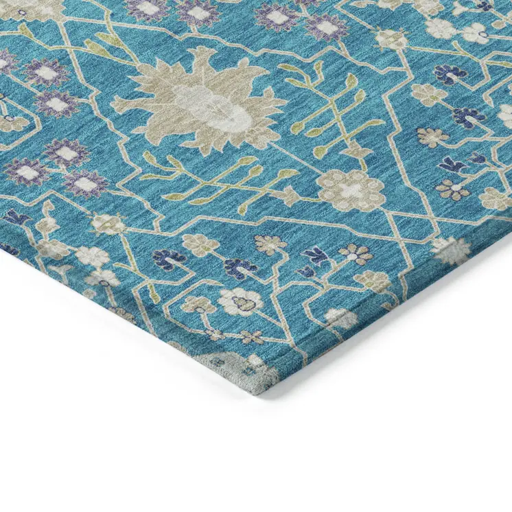 5' X 8' Teal Blue Purple And Ivory Oriental Washable Indoor Outdoor Area Rug
