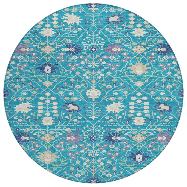8' Teal Blue Purple And Ivory Round Oriental Washable Indoor Outdoor Area Rug