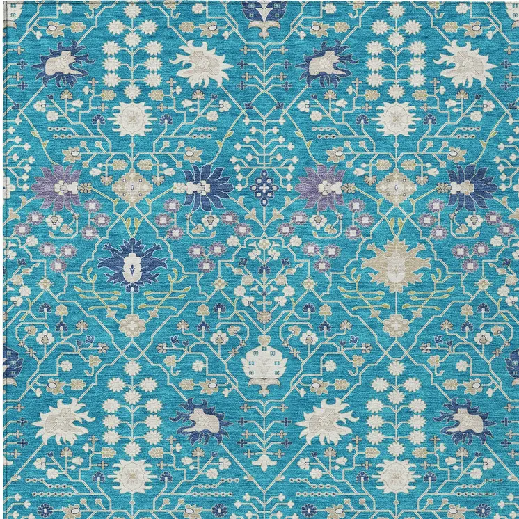 8' X 10' Teal Blue Purple And Ivory Oriental Washable Indoor Outdoor Area Rug