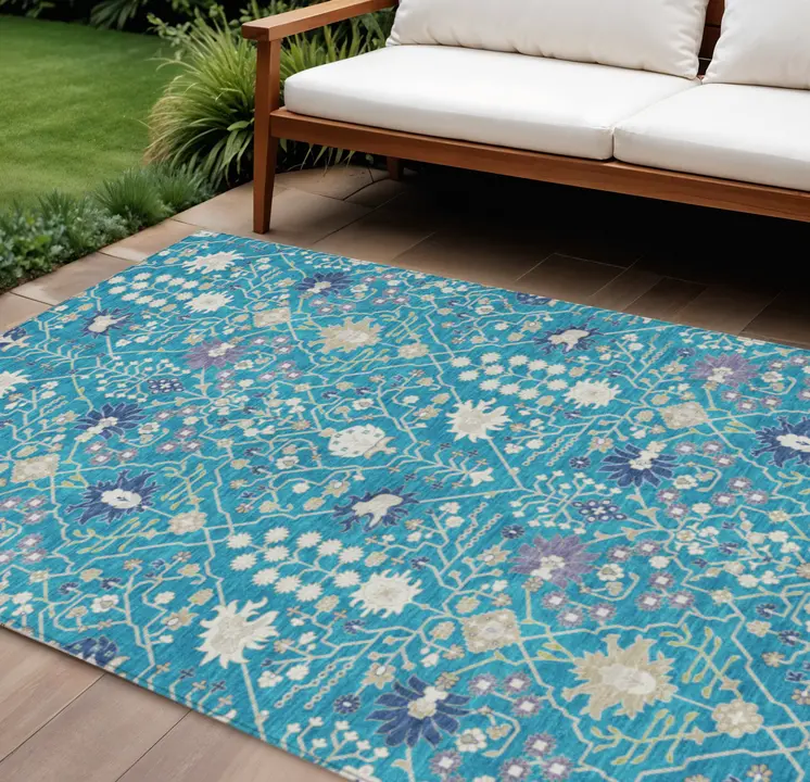 8' X 10' Teal Blue Purple And Ivory Oriental Washable Indoor Outdoor Area Rug