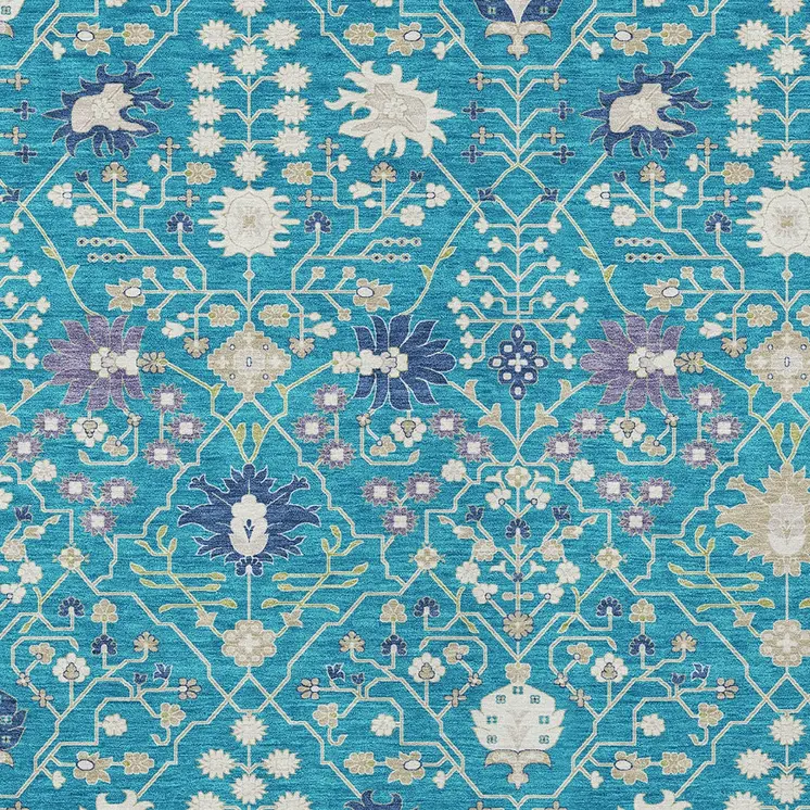 8' X 10' Teal Blue Purple And Ivory Oriental Washable Indoor Outdoor Area Rug