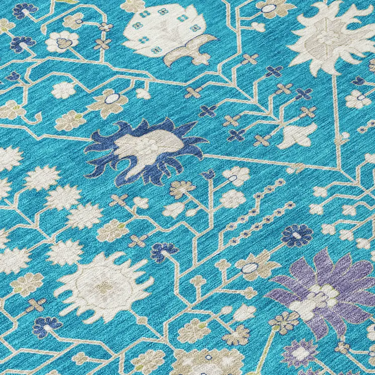 8' X 10' Teal Blue Purple And Ivory Oriental Washable Indoor Outdoor Area Rug