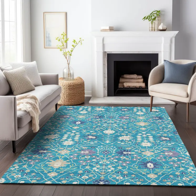 8' X 10' Teal Blue Purple And Ivory Oriental Washable Indoor Outdoor Area Rug