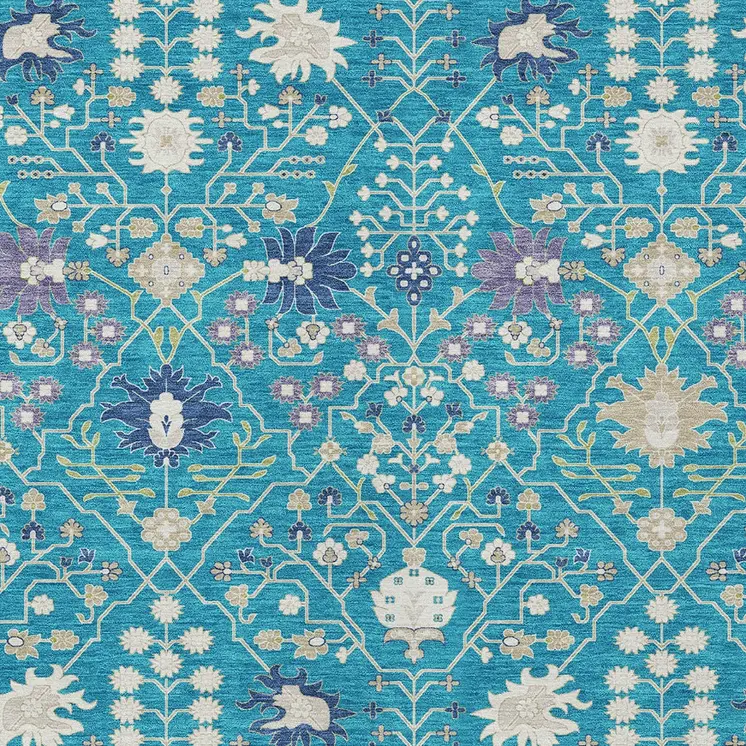 9' X 12' Teal Blue Purple And Ivory Oriental Washable Indoor Outdoor Area Rug