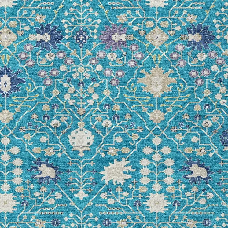 10' X 14' Teal Blue Purple And Ivory Oriental Washable Indoor Outdoor Area Rug