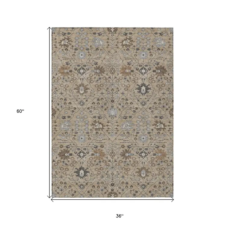 3' X 5' Taupe Brown And Gray Oriental Washable Indoor Outdoor Area Rug