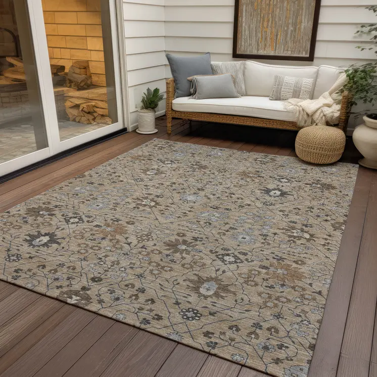 5' X 8' Taupe Brown And Gray Oriental Washable Indoor Outdoor Area Rug