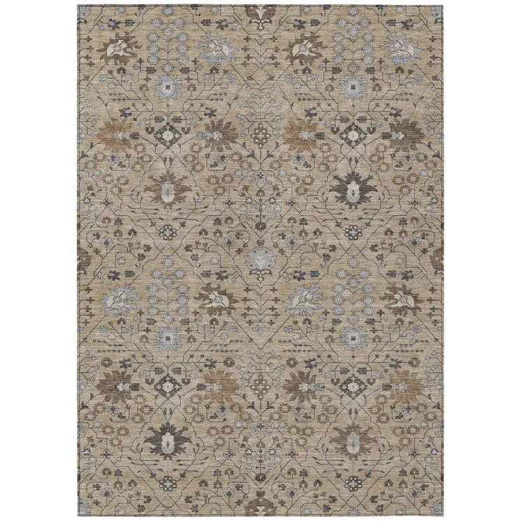 5' X 8' Taupe Brown And Gray Oriental Washable Indoor Outdoor Area Rug
