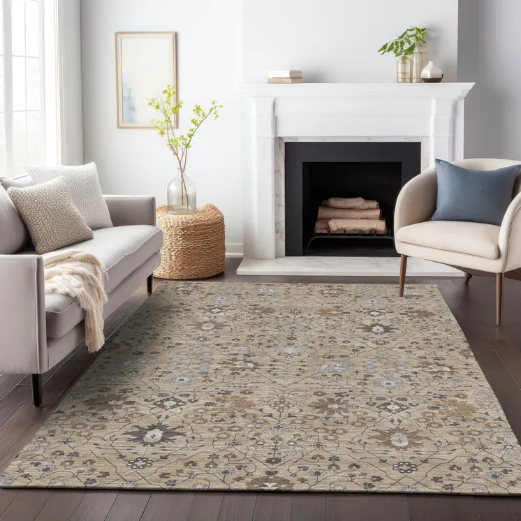 5' X 8' Taupe Brown And Gray Oriental Washable Indoor Outdoor Area Rug