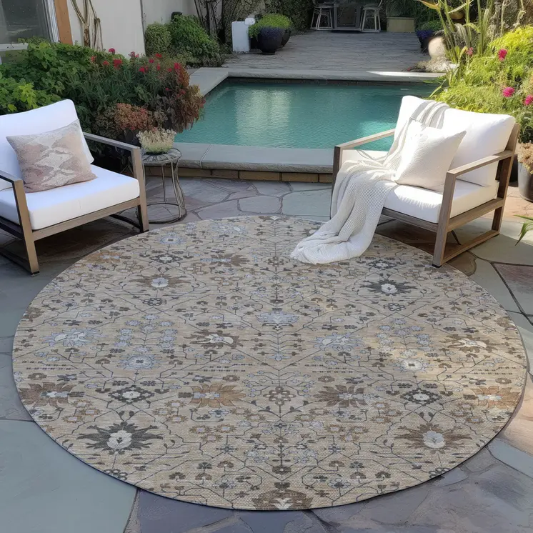 8' Taupe Brown And Gray Round Oriental Washable Indoor Outdoor Area Rug