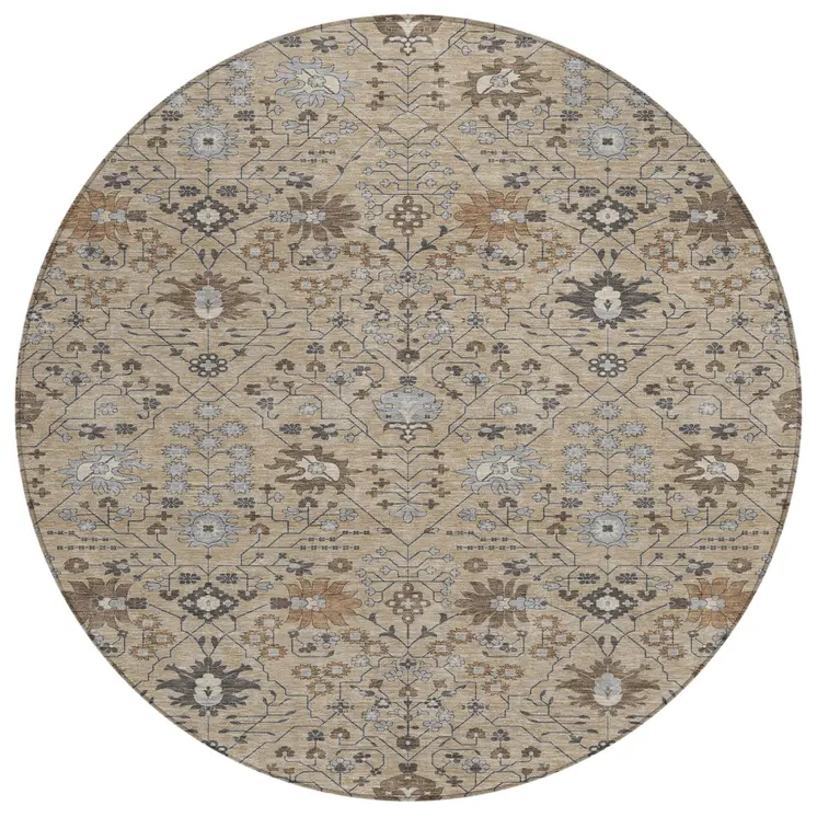 8' Taupe Brown And Gray Round Oriental Washable Indoor Outdoor Area Rug