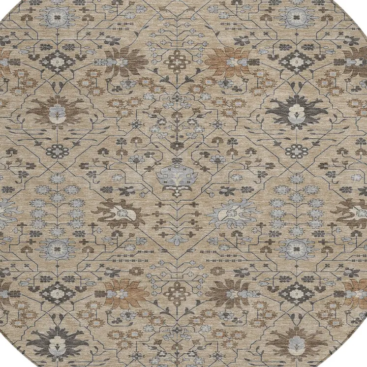 8' Taupe Brown And Gray Round Oriental Washable Indoor Outdoor Area Rug