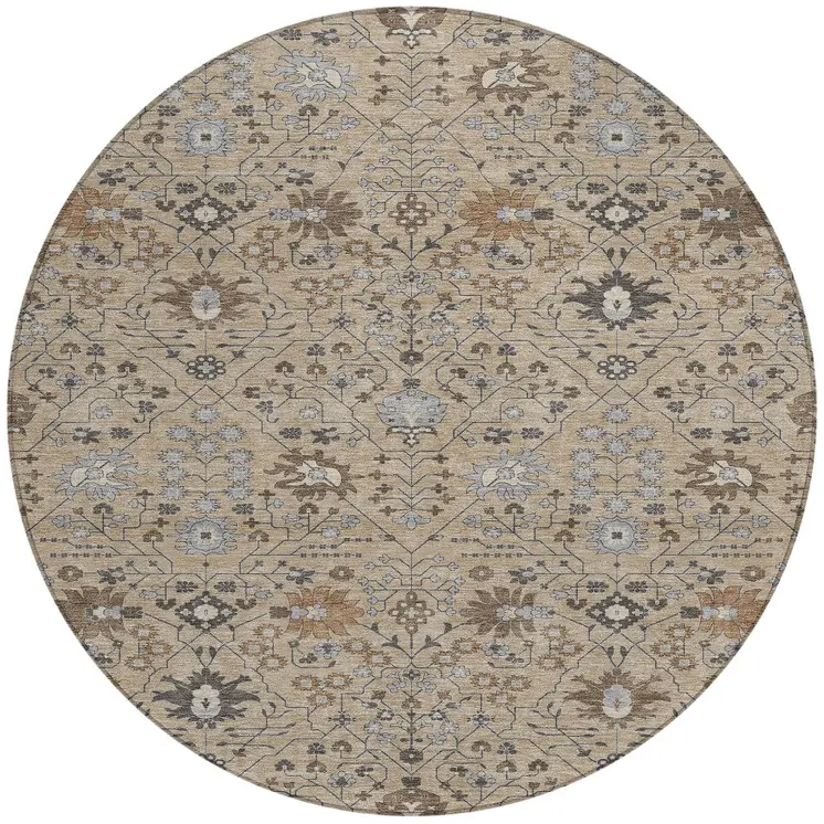 8' Taupe Brown And Gray Round Oriental Washable Indoor Outdoor Area Rug