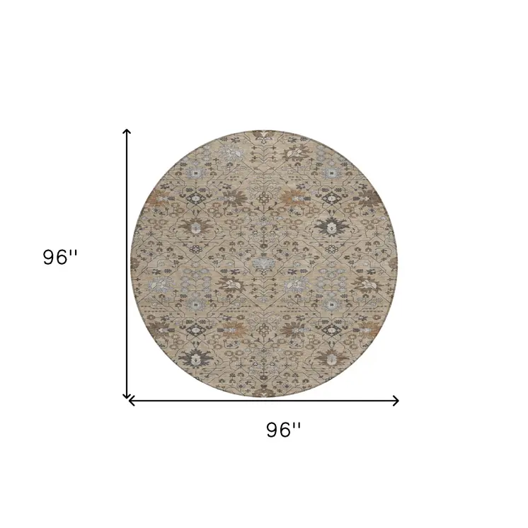 8' Taupe Brown And Gray Round Oriental Washable Indoor Outdoor Area Rug
