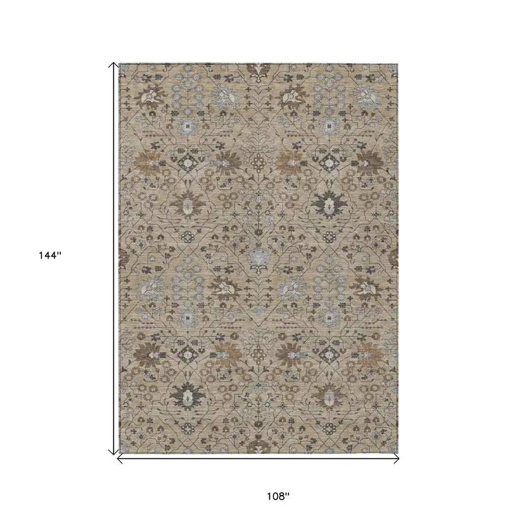 9' X 12' Taupe Brown And Gray Oriental Washable Indoor Outdoor Area Rug