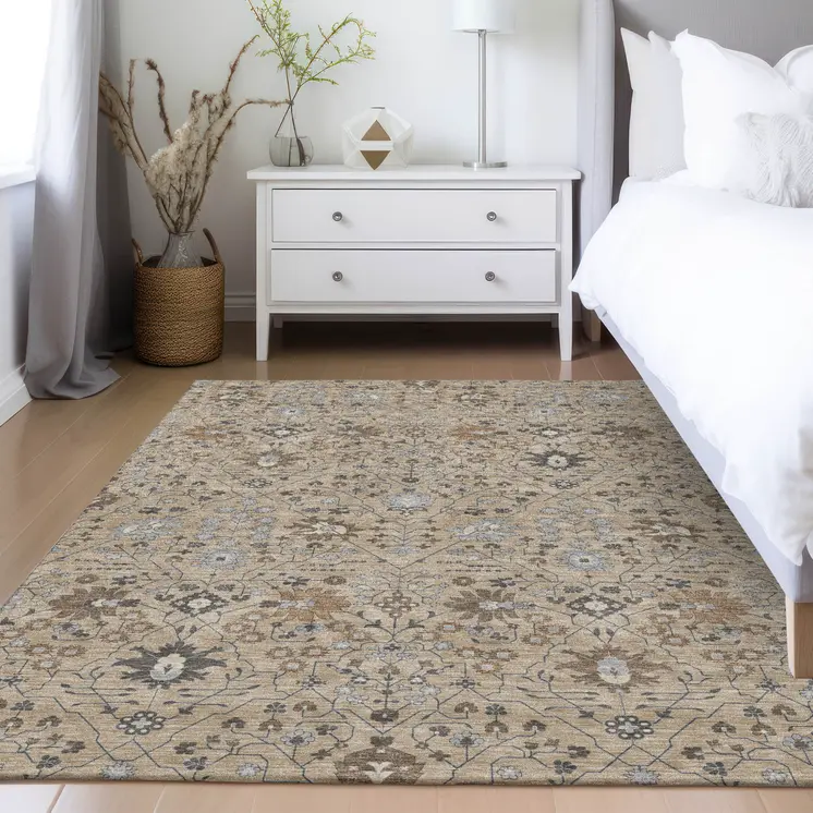 9' X 12' Taupe Brown And Gray Oriental Washable Indoor Outdoor Area Rug