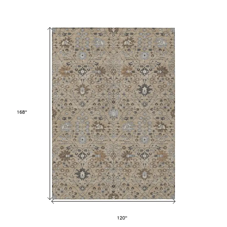 10' X 14' Taupe Brown And Gray Oriental Washable Indoor Outdoor Area Rug