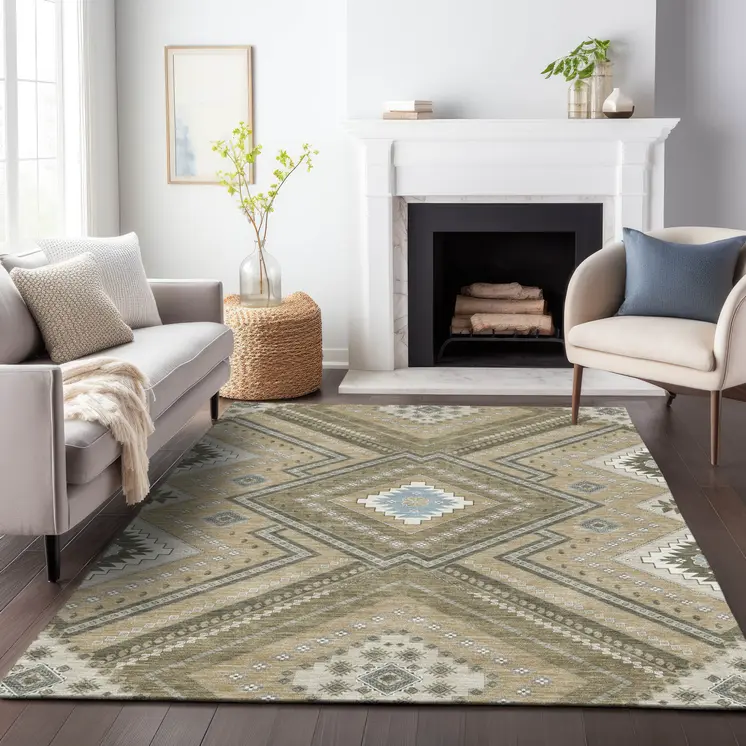 5' X 8' Beige Gray And Ivory Tribal Washable Indoor Outdoor Area Rug