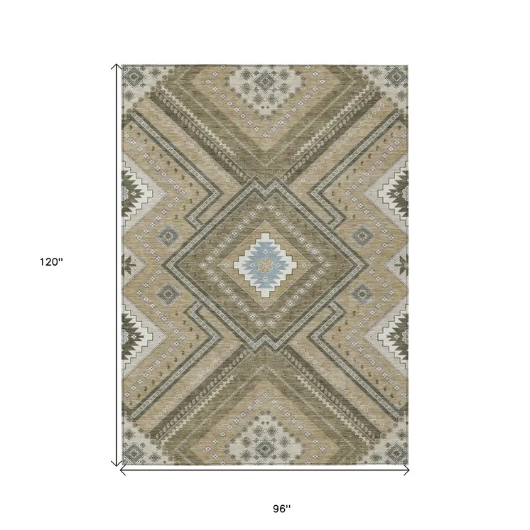 8' X 10' Beige Gray And Ivory Tribal Washable Indoor Outdoor Area Rug