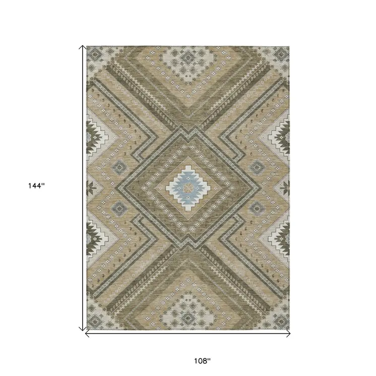 9' X 12' Beige Gray And Ivory Tribal Washable Indoor Outdoor Area Rug