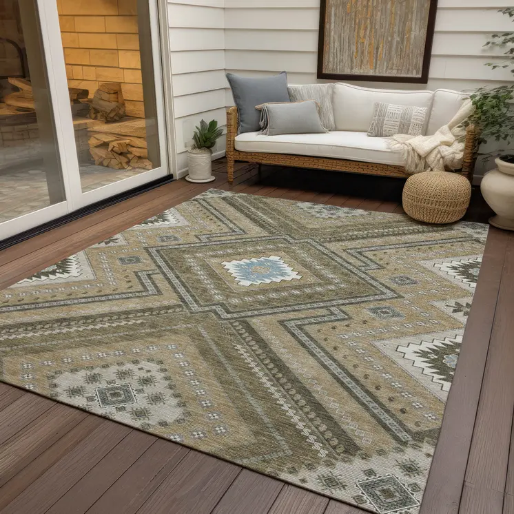 9' X 12' Beige Gray And Ivory Tribal Washable Indoor Outdoor Area Rug