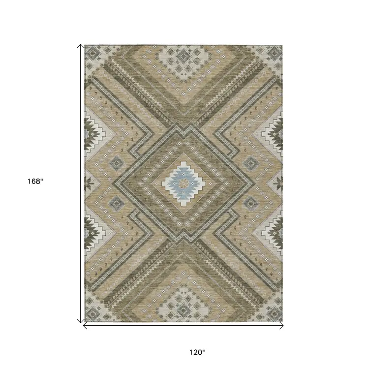 10' X 14' Beige Gray And Ivory Tribal Washable Indoor Outdoor Area Rug