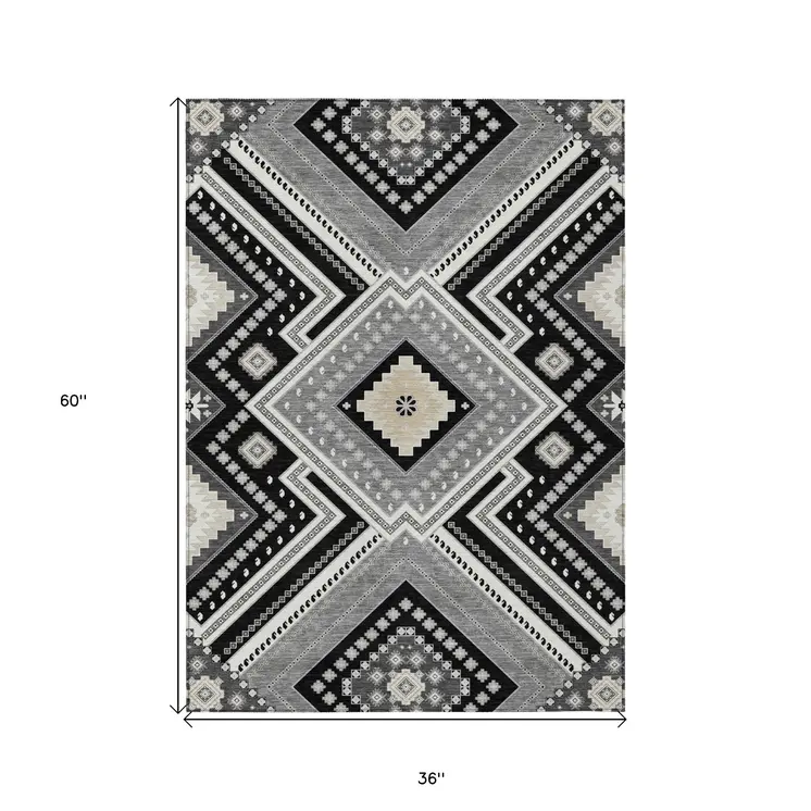 3' X 5' Black Gray And Ivory Tribal Washable Indoor Outdoor Area Rug