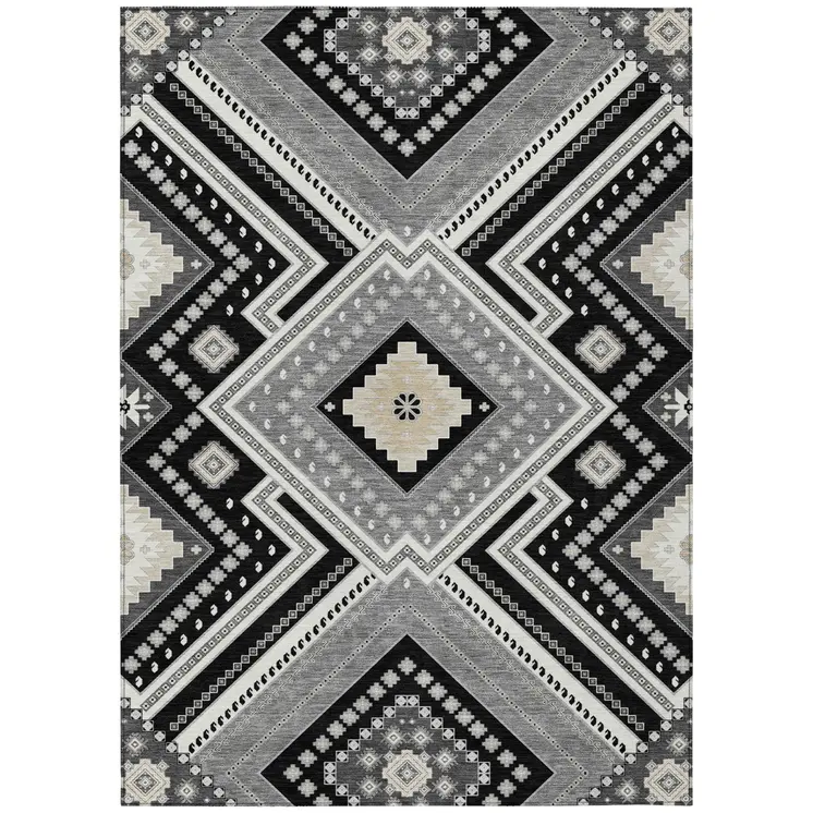 3' X 5' Black Gray And Ivory Tribal Washable Indoor Outdoor Area Rug