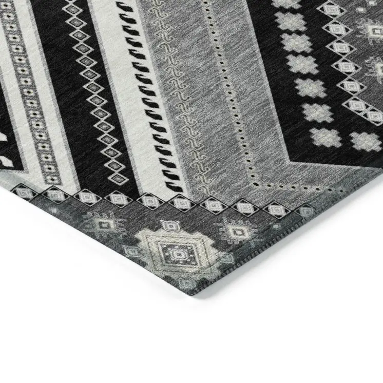 3' X 5' Black Gray And Ivory Tribal Washable Indoor Outdoor Area Rug