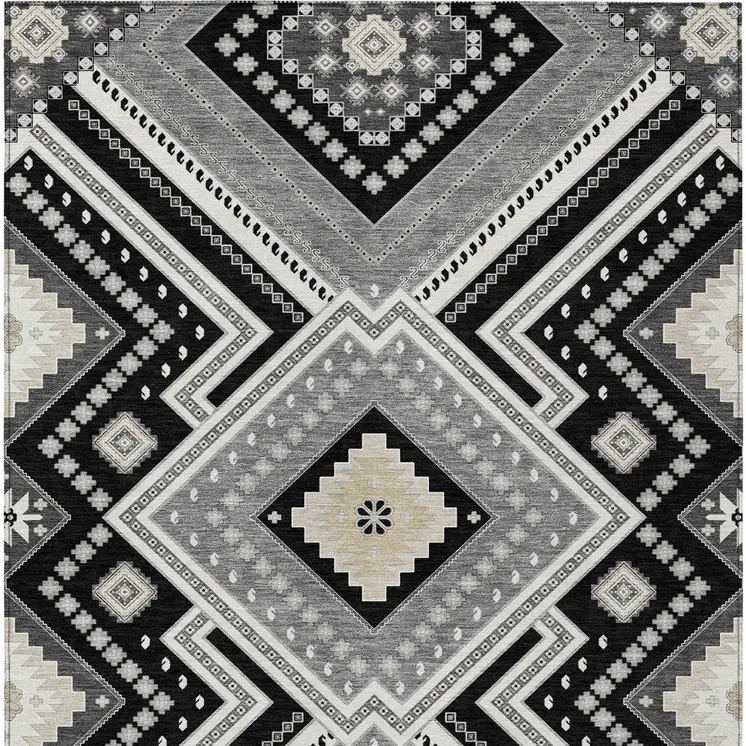 3' X 5' Black Gray And Ivory Tribal Washable Indoor Outdoor Area Rug