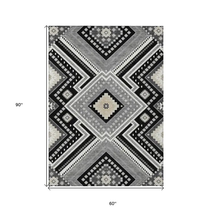 5' X 8' Black Gray And Ivory Tribal Washable Indoor Outdoor Area Rug