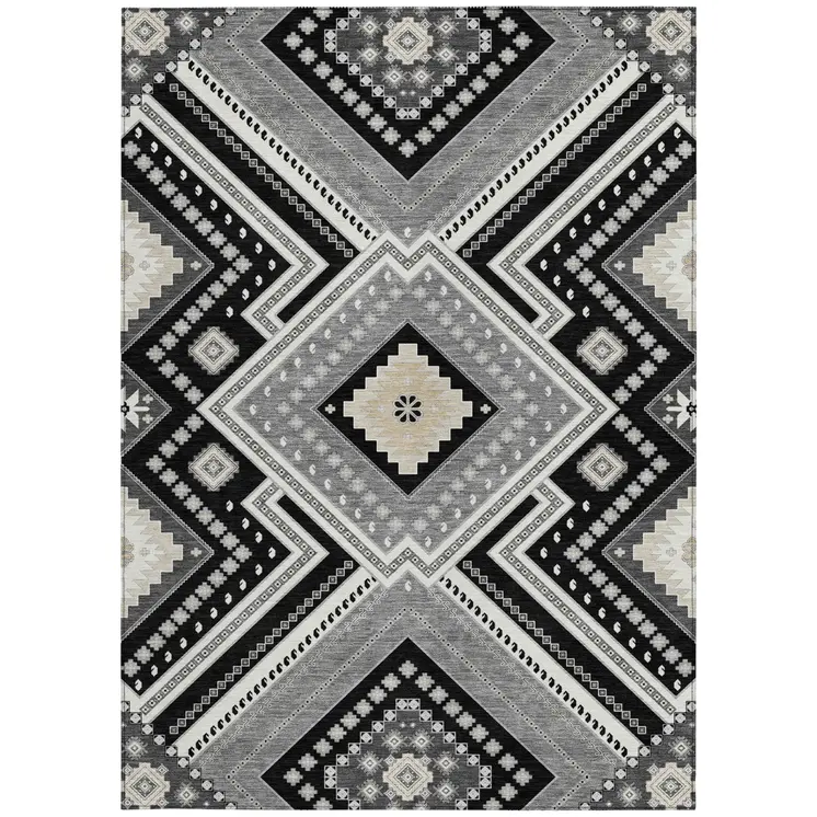 5' X 8' Black Gray And Ivory Tribal Washable Indoor Outdoor Area Rug