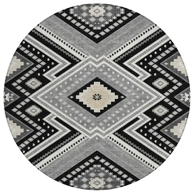 8' Black Round Tribal Washable Indoor Outdoor Area Rug