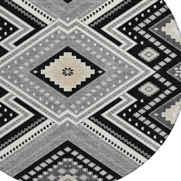 8' Black Round Tribal Washable Indoor Outdoor Area Rug