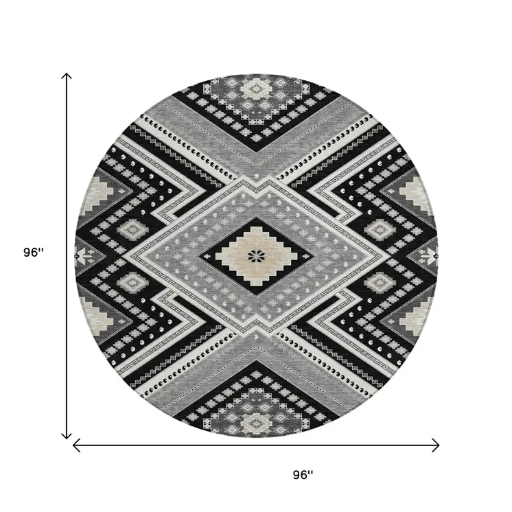 8' Black Round Tribal Washable Indoor Outdoor Area Rug