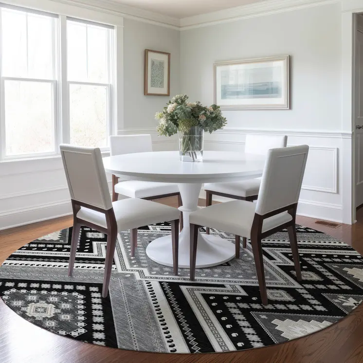 8' Black Round Tribal Washable Indoor Outdoor Area Rug