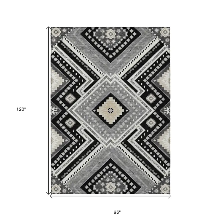8' X 10' Black Gray And Ivory Tribal Washable Indoor Outdoor Area Rug
