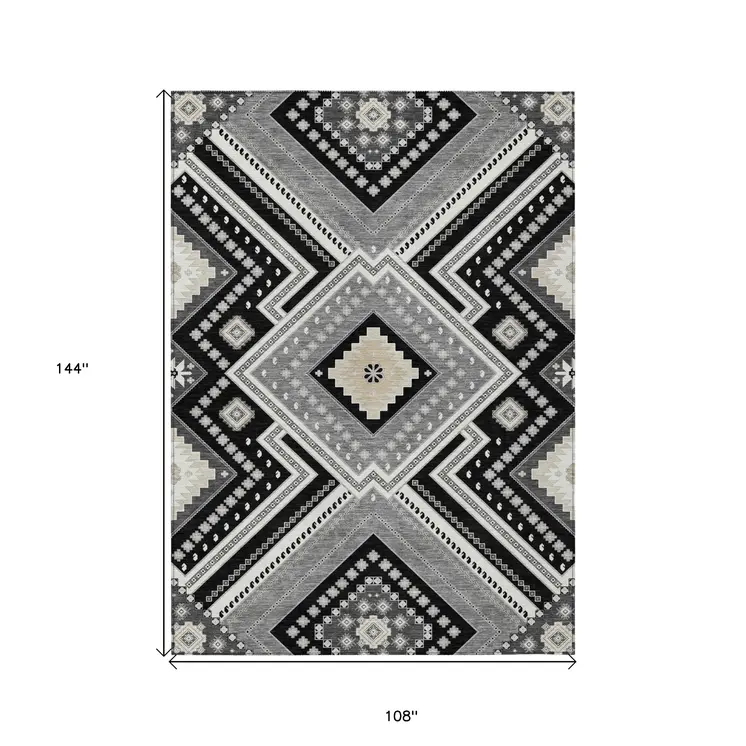9' X 12' Black Gray And Ivory Tribal Washable Indoor Outdoor Area Rug